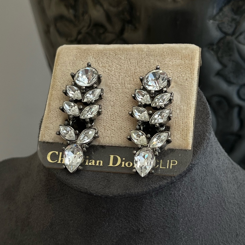 NWT Vintage Christian Dior Marquise Rhinestone Drop Patinated Silver Earrings - Picture 3 of 10